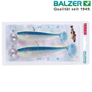 Balzer Shirasu Dorsch Gummi Set 12+15cm Blau-Glitter 40+60g Jighead